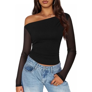 image:imageZESICA Womens Floral Mesh Off Shoulder Long Sleeve TopsCarbonblack