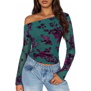 image:imageZESICA Womens Floral Mesh Off Shoulder Long Sleeve TopsDarkgreen