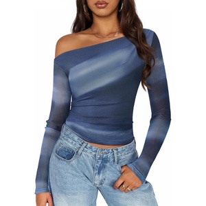 image:imageZESICA Womens Floral Mesh Off Shoulder Long Sleeve TopsDustyblue