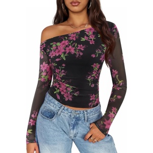 image:imageZESICA Womens Floral Mesh Off Shoulder Long Sleeve TopsEbony