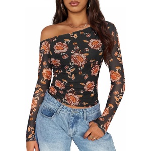image:imageZESICA Womens Floral Mesh Off Shoulder Long Sleeve TopsInkyblack