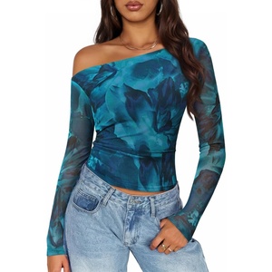 image:imageZESICA Womens Floral Mesh Off Shoulder Long Sleeve TopsLakeblue