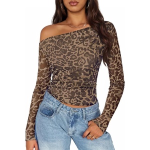 image:imageZESICA Womens Floral Mesh Off Shoulder Long Sleeve TopsLeopardbrown