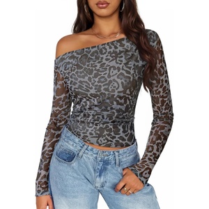image:imageZESICA Womens Floral Mesh Off Shoulder Long Sleeve TopsLeopardgray