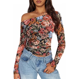 image:imageZESICA Womens Floral Mesh Off Shoulder Long Sleeve TopsMulticolour