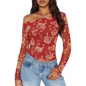 image:imageZESICA Womens Floral Mesh Off Shoulder Long Sleeve TopsRed