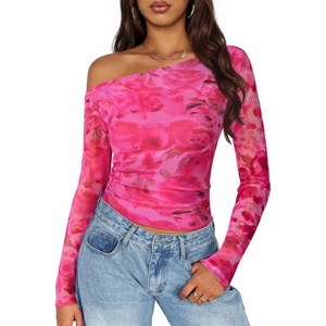 image:imageZESICA Womens Floral Mesh Off Shoulder Long Sleeve TopsRose