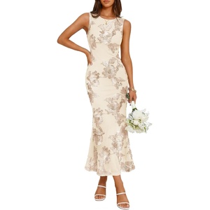 image:imageZESICA Womens Floral Mesh Slit Bodycon Wedding Guest Cocktail Midi DressAlmond