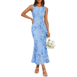 image:imageZESICA Womens Floral Mesh Slit Bodycon Wedding Guest Cocktail Midi DressBlue