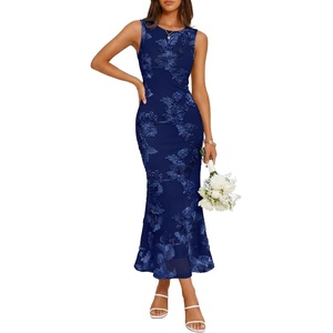 image:imageZESICA Womens Floral Mesh Slit Bodycon Wedding Guest Cocktail Midi DressNavy