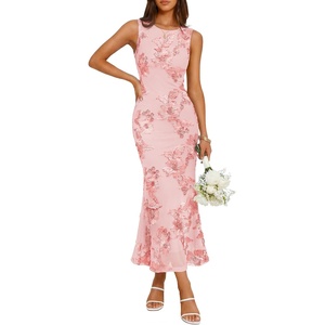 image:imageZESICA Womens Floral Mesh Slit Bodycon Wedding Guest Cocktail Midi DressPink