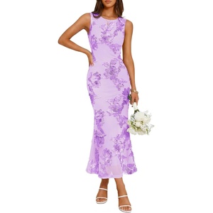 image:imageZESICA Womens Floral Mesh Slit Bodycon Wedding Guest Cocktail Midi DressPurple