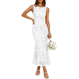 image:imageZESICA Womens Floral Mesh Slit Bodycon Wedding Guest Cocktail Midi DressWhite