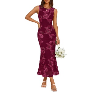 image:imageZESICA Womens Floral Mesh Slit Bodycon Wedding Guest Cocktail Midi DressWine