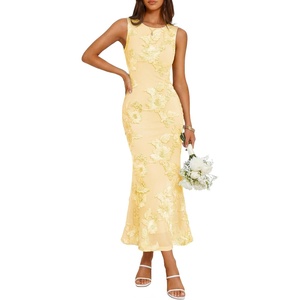 image:imageZESICA Womens Floral Mesh Slit Bodycon Wedding Guest Cocktail Midi DressYellow