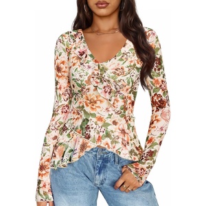 image:imageZESICA Womens Floral Ruffle Mesh Tops Long Sleeve ShirtsApricot