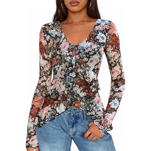 image:imageZESICA Womens Floral Ruffle Mesh Tops Long Sleeve ShirtsBlack