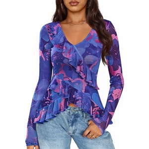 image:imageZESICA Womens Floral Ruffle Mesh Tops Long Sleeve ShirtsBlue