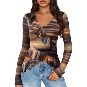 image:imageZESICA Womens Floral Ruffle Mesh Tops Long Sleeve ShirtsBrown