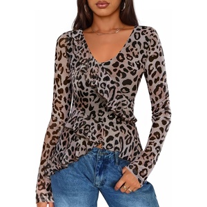 image:imageZESICA Womens Floral Ruffle Mesh Tops Long Sleeve ShirtsBrownleopard