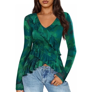 image:imageZESICA Womens Floral Ruffle Mesh Tops Long Sleeve ShirtsGreen
