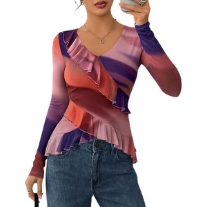 image:imageZESICA Womens Floral Ruffle Mesh Tops Long Sleeve ShirtsMulticolour