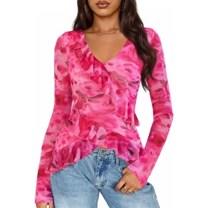 image:imageZESICA Womens Floral Ruffle Mesh Tops Long Sleeve ShirtsPink