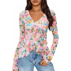 image:imageZESICA Womens Floral Ruffle Mesh Tops Long Sleeve ShirtsPinkgreen