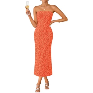 image:imageZESICA Womens Floral Strapless Bodycon Weeding Guest DressOrangered