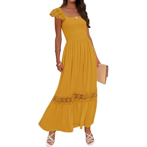 image:imageZESICA Womens Lace Strap Sleeveless Square Neck Smocked Flowy Maxi DressMustard