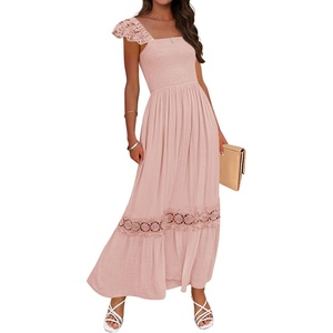 image:imageZESICA Womens Lace Strap Sleeveless Square Neck Smocked Flowy Maxi DressPink