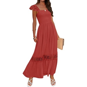 image:imageZESICA Womens Lace Strap Sleeveless Square Neck Smocked Flowy Maxi DressRust