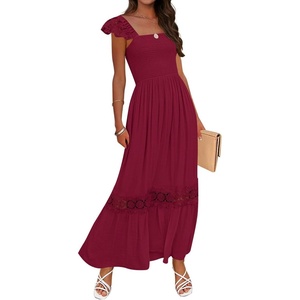 image:imageZESICA Womens Lace Strap Sleeveless Square Neck Smocked Flowy Maxi DressWine