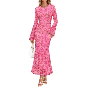 image:imageZESICA Womens Long Sleeve Floral Fall Bodycon Ruched Mesh Maxi Formal DressFloral Rose