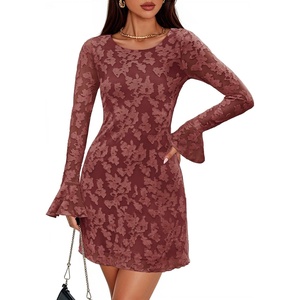 image:imageZESICA Womens Long Sleeve Floral Mesh Bodycon Mini DressesBrick Red