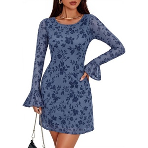 image:imageZESICA Womens Long Sleeve Floral Mesh Bodycon Mini DressesHaze Blue