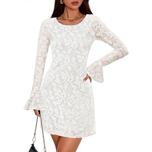 image:imageZESICA Womens Long Sleeve Floral Mesh Bodycon Mini DressesWhite