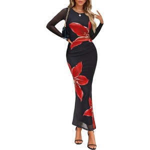 image:imageZESICA Womens Long Sleeve Floral Side Slit Bodycon Maxi DressesBlack
