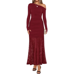 image:imageZESICA Womens Long Sleeve Off Shoulder Bodycon Dresses Fall 2026 Ruched Lace Wedding Guest Cocktail Formal Maxi DressRed