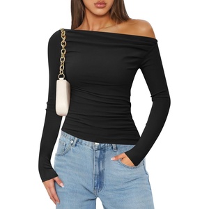 image:imageZESICA Womens Off Shoulder Ruched Tops Long Sleeve ShirtsBlack