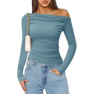 image:imageZESICA Womens Off Shoulder Ruched Tops Long Sleeve ShirtsBlue