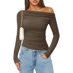 image:imageZESICA Womens Off Shoulder Ruched Tops Long Sleeve ShirtsCoffee