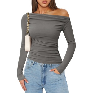image:imageZESICA Womens Off Shoulder Ruched Tops Long Sleeve ShirtsGrey