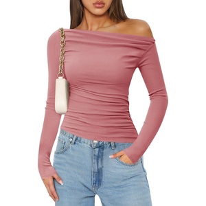 image:imageZESICA Womens Off Shoulder Ruched Tops Long Sleeve ShirtsPink