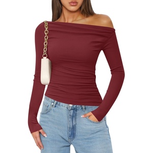 image:imageZESICA Womens Off Shoulder Ruched Tops Long Sleeve ShirtsRed
