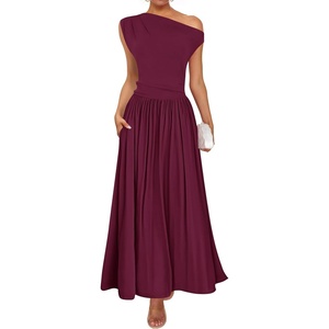 image:imageZESICA Womens Sleeveless One Shoulder Maxi Dress with PocketsWine