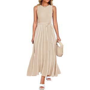 image:imageZESICA Womens Sleeveless Ribbed Knit Tie Waist A Line Maxi Sweater DressesApricot