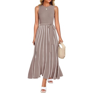 image:imageZESICA Womens Sleeveless Ribbed Knit Tie Waist A Line Maxi Sweater DressesKhaki