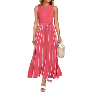 image:imageZESICA Womens Sleeveless Ribbed Knit Tie Waist A Line Maxi Sweater DressesWatermelon
