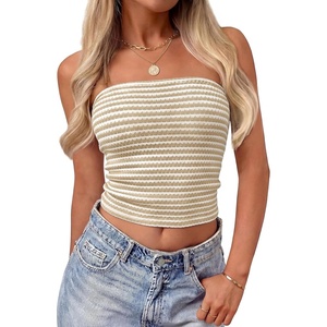 image:imageZESICA Womens Striped Strapless Crop Knit Tube TopsApricot